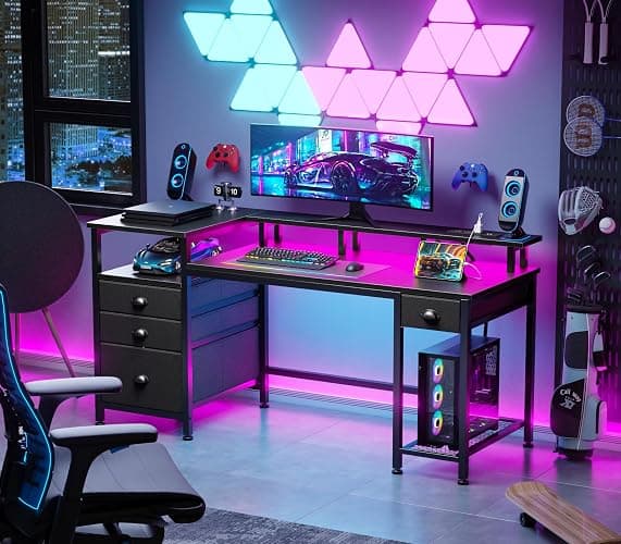 Furologee 60" Black Computer Desk with 4 Drawers and Printer Space, Gaming Desk with LED Lights and USB Power Outlets, Home Office Desk with Fabric File Cabinet,Study Work Table with Shelf for Bedroom thumbnail 2