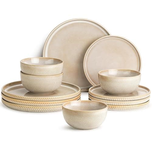 Metflavor Stoneware Dinnerware Sets for 4, 12-Piece Scratch Resistant Plates and Bowls Set, Dishwasher and Microwave Safe Ceramic Dishes Set, Ribbed, Sculpted Dune thumbnail 6