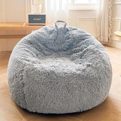 XeGe Fluffy Stuffed Animal Storage Bean Bag Cover(No Filler), Faux Fur Washable Ultra Soft Bean Bag Cover for Plush Toys or Textile,Plush Shaggy Large Beanbag for Adults Kids Teens, Light Grey - Image 1