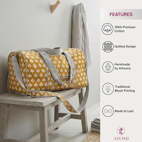 ATOSII Handblock Print 100% Cotton Large Quilted Duffle Bag for Overnight Trip, Travel Weekend Bag, Luggage, 2 Pockets with Zipper, 1 Front Pocket, Detachable Long Strap, 20 X 10 X 12 Inches, Flax thumbnail 5