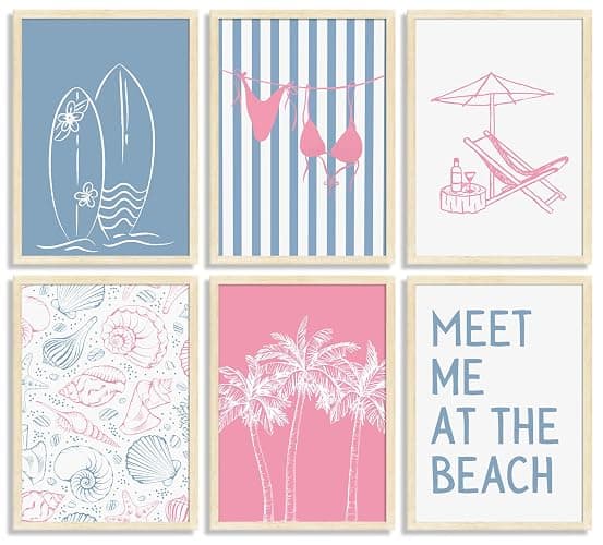 6Pcs Coastal Beach Surfing Wall Art Preppy Bikini Shells Painting Picture Wall Decor Summer Meet Me at the beach Poster Print Artwork for Living Room Bedroom Dining Room Bathroom Home Decoration - Poster - 10L"x 8W" - Image 1