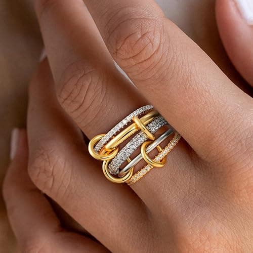 Eaciy Gold Stackable Rings for Women, 14K Gold Plated Cubic Zirconia Rings, Silver Gold Multi Ring Mixed Metals Stackable Ring Set for Women Non Tarnish thumbnail 3