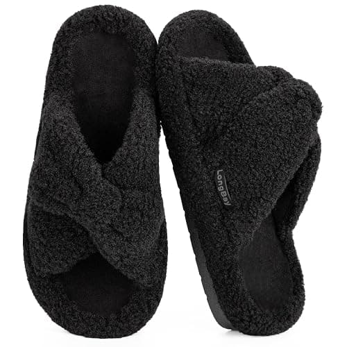 LongBay Womens Orthopedic Arch Support Slippers Fuzzy Open Toe Memory Foam House Shoes Bow Crossbands Indoor Bedroom Slides Gift - Image 1