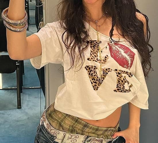 Hesaco Off The Shoulder Cute Shirts for Women Oversized Tshirt Y2k Graphic Tee Lips Print Baggy Shirts Vintage Tops thumbnail 2