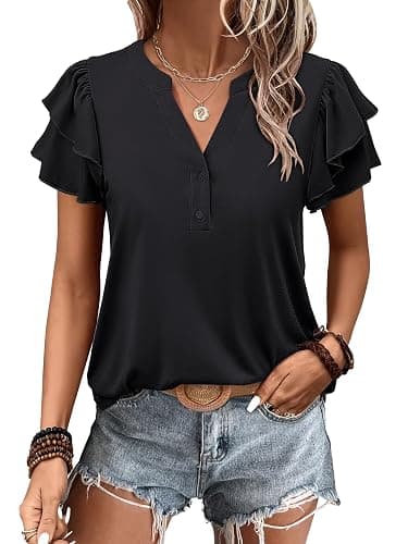 ANRABESS Womens Tops Dressy Casual Ruffle Short Sleeve V Neck Blouses Summer Button Down Business Work Elegant Shirts - Image 1