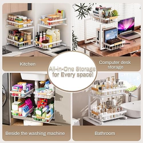 ADBIU Under Sink Organizer 2 Pack, Adjustable Height (11"-15.75") Under Cabinet Storage, 2 Tier Pull Out Sliding Drawers for Kitchen Bathroom, Heavy Duty Metal Shelf, White thumbnail 3