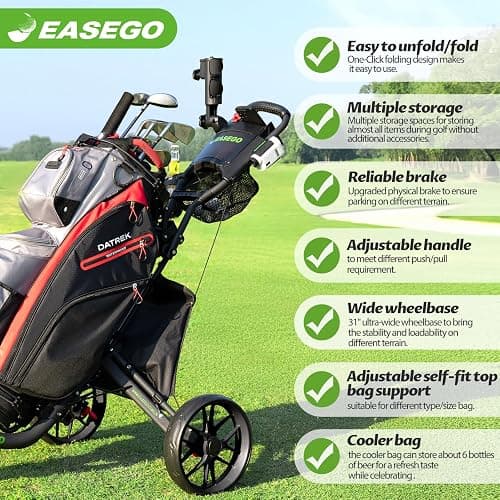 EASEGO Golf Push Cart 3 Wheel : Golf Caddy Pull Cart, One Click Folding Golf Bag Cart Lightweight Compact Golf Trolley with Cooler Bag, Umbrella, Cup & Phone Holder for Different Terrain thumbnail 4