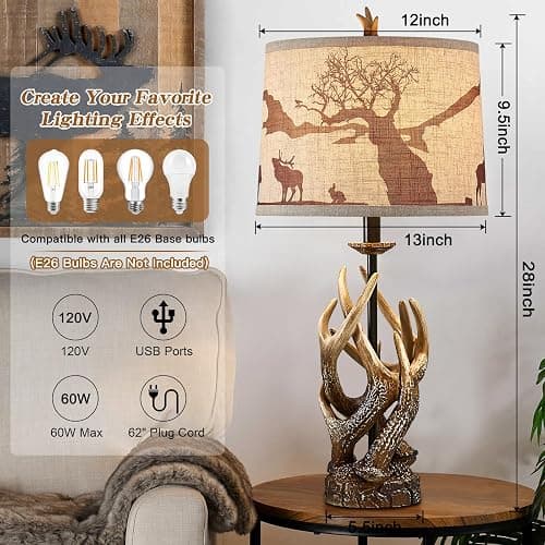 HUITICO Rustic Deer Antler Table Lamp for Living Room End Tables Farmhouse Cabin Lamps with USB A + C Charging Ports 28" Tall Western Country Bedroom Lamps for Nightstand, Single, Bulb Not Included thumbnail 6