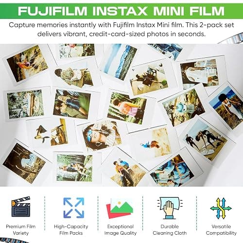 Fujifilm Instax Mini Film - Twin Packs (40 EXP Total), ISO 800, Compatible with Instax Mini Evo, 12, 11, 9 Models, Includes Balveli Premium Microfiber Cleaning Cloth thumbnail 2