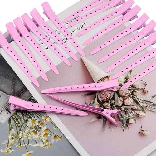 24 Packs Duck Bill Clips, Bantoye 3.35 Inches Rustproof Metal Alligator Curl Clips with Holes for Hair Styling, Hair Coloring, Pink thumbnail 5