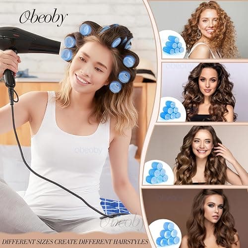 obeoby 4 Sizes Hair Rollers Curlers Set with Clips for Women Girls, Blue | Self-Grip No-heat Styling Jumbo Large Small Rollers for Long Short Curly Bangs, Home Use or Travel Accessories Gifts thumbnail 4