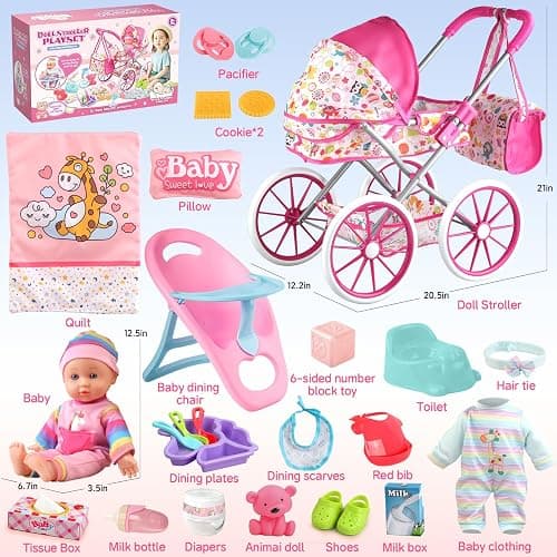 Baby Doll Stroller Toys Set with 12.5" Baby Doll,Dining Chair,Quilt Pillow,24 PCS Doll Accessories and 2 Sets Doll Clothes,Baby Stroller Toys for Girls Toddlers 3-5 4-6 5-7 Gifts for Pretend Play thumbnail 2