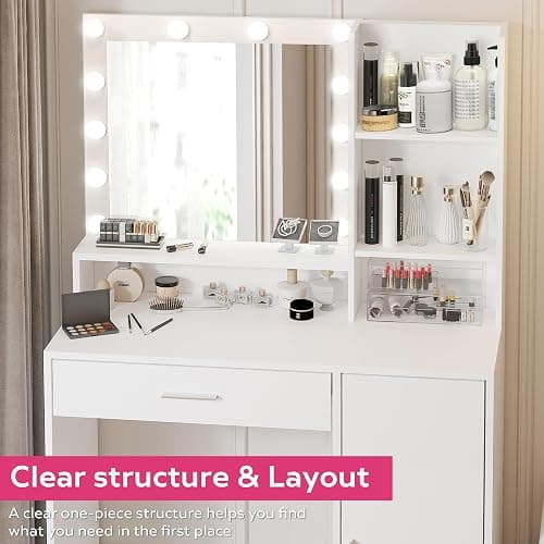 Palimder Vanity Desk with Mirror and Light, Large Drawer and Three Level Storage Dresser, 3 Lighting Modes Adjustable Brightness, Bedroom Dressing Table (White) thumbnail 6
