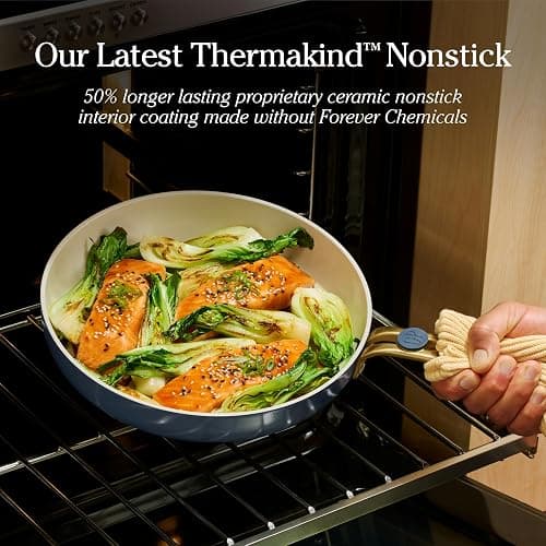 Our Place 8-Piece Essentials Complete Cookware Set - Ceramic Fry Pan Trio & Modular Rack Storage | Nontoxic Thermakind™ Nonstick, Oven Safe up to 450°F & Compatible with All Cooktops | Cream thumbnail 3