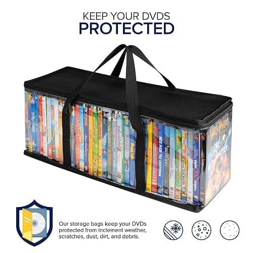 Stock Your Home DVD Storage Bags (Set of 4) Media Organizer Bag for DVDs, CDs, Blu Ray Disc, Movie Cases, VHS Box, Video Game Disks, Clear Plastic Holders with Carrying Handles and Zipper - Black thumbnail 5