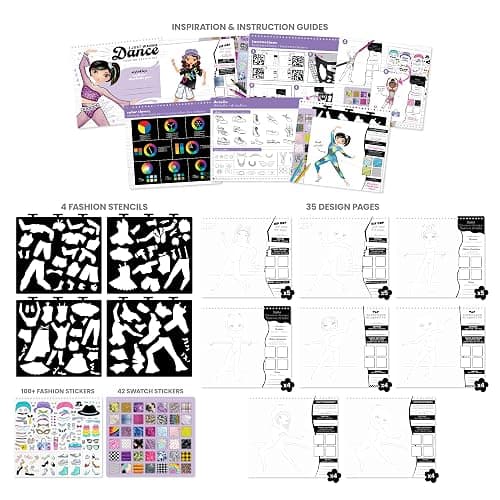 Fashion Angels I Just Wanna Dance Fashion Sketch Set, Create Dance-Themed Outfits with 35 Sketch Pages, 100+ Stickers & Stencils, Fun Craft Kit for Kids thumbnail 7