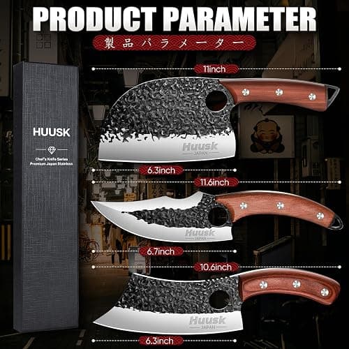 Huusk Butcher Knife Set Hand Forged Serbian Chef Knife Viking Boning Knife Cleaver Knife 3PCS Kitchen Knife Set for Meat Cutting Home & Outdoor Cooking BBQ Knives Gift for Men thumbnail 7