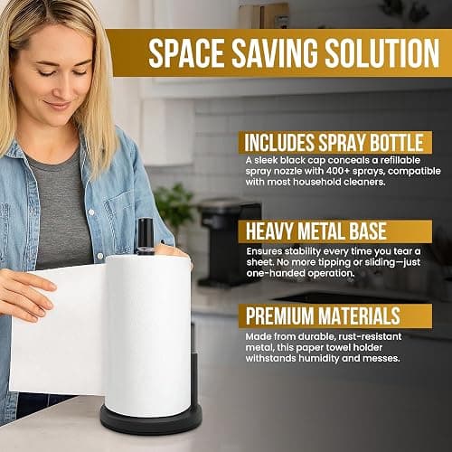 BLUJAYE 2 in 1 Paper Towel Holder with Spray Bottle - Matte Black Paper Towel Holder Countertop & Spray Bottle - Rust-Resistant Metal Base Standing Paper Roll Mount for Kitchen, Bathroom & Garage thumbnail 6