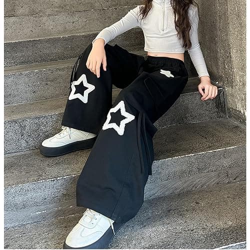 Viatabuna Star Cargo Baggy Pants for Girls Kids High Elastic Waist Embroidery Y2k Wide Leg Pull On Trousers with Pockets thumbnail 5