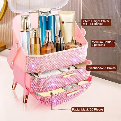 Bling Makeup Organizer for Teen Girl Gift,Hollywood Vanity Makeup Storage Box for Girl Birthday Gift,Practical Gift for Daughter,Bathroom Organizer,Skincare Organizer (Triple Pink) thumbnail 5