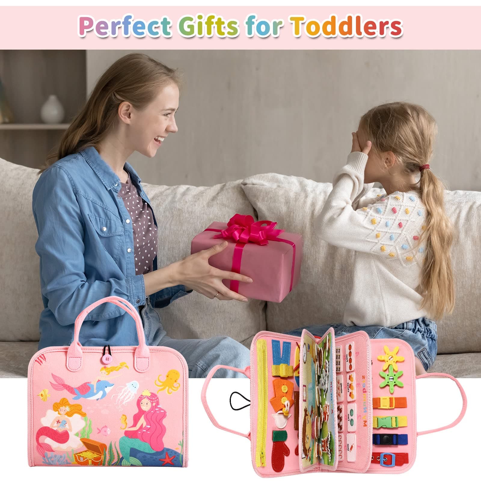 Busy Board Bag for Toddler with Zipper Removable 5 Page, Sensory Activity Developing Board Toys for Preschool, Quiet Book Educational Toys, Montessori Learning Early Education Travel Toy(Pink) thumbnail 7
