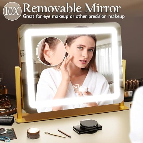 ROLOVE Gold Vanity Mirror with Lights 15" x 12", Lighted Makeup Mirror with 10X Magnification, 3 Color Lighting & Dimmable Brightness, Make Up Mirror with Lighting for Bedroom Tabletop thumbnail 7