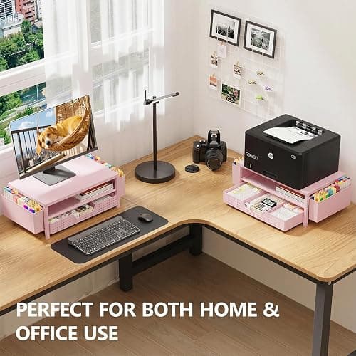OPNICE Desk Organizers and Accessories, 2-Tier Computer Monitor Stand Riser with Drawer and 2 Pen Holders, Laptop Stand, Office Desk Accessories for Office Supplies, Pink thumbnail 5
