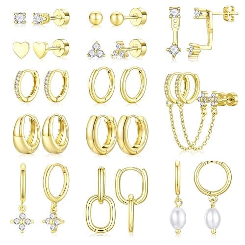 Turandoss 13 Pairs Gold Hoop Earrings for Women, Hypoallergenic 14K Gold Plated Hoop Stud Huggie Pearl Earring Set, Dainty Flat Back Cartilage Earring Stacks for Multiple Piercings - Image 1