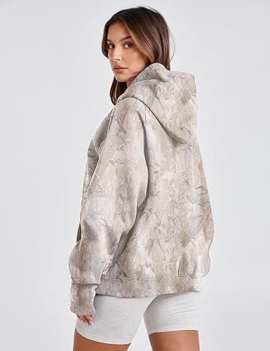 Lauweion Women Solid Basic Fleece Letter Loose Hoodie Sweatshirt Long Sleeve Kangaroo Pocket Drop Shoulder Pullovers Top thumbnail 5