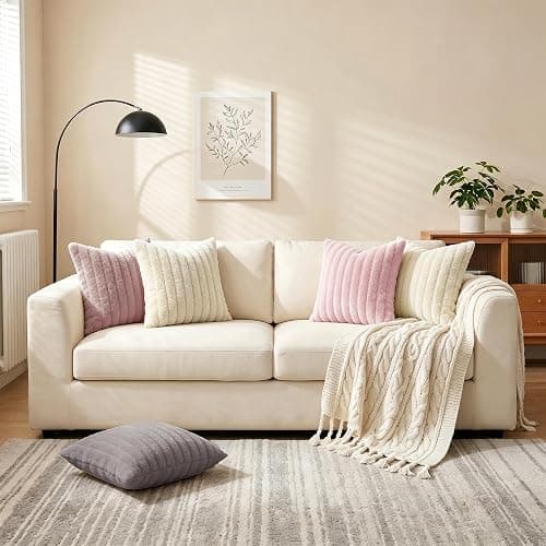 Set of 2 Faux Fur Decorative Soft Striped Cushion Covers 45x45 cm,Cream Soft Couch Square Throw Pillow Covers 18x18 Inch with Invisible Zipper for Sofa Bedroom Decorative Fluffy Large Pillowcases thumbnail 8