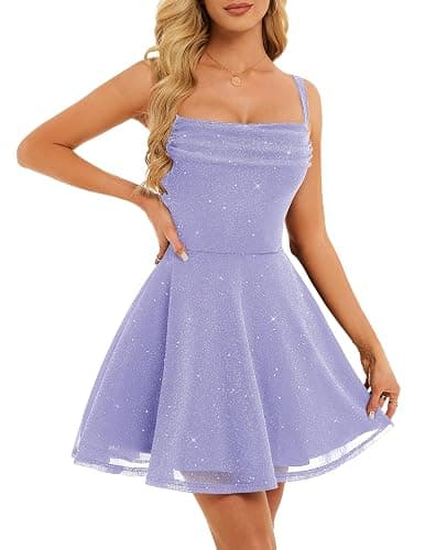 BeryLove Women's Sparkly Homecoming Formal Teen Cocktail Mini Prom Dress | Playful Square Cowl Neck, Three-Layered Flare Hem, Glitter Sequin, Short Length, Flowy Dress for Party, Junior School Dance - Image 1