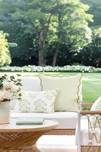 Hofdeco Premium Coastal Patio Indoor Outdoor Scalloped Throw Pillow Cover Only, 20"x20" Water Repellent for Backyard, Couch, Green Print Stripes thumbnail 2