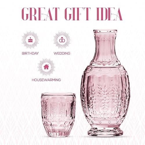 Elle Décor Vintage Bedside Water Carafe With Tumbler – Elegant Pitcher and Matching Drinking Glass Doubles As Lid For Guest Room, Office-Makes A Gift, 4.7x10.4, Pink thumbnail 8