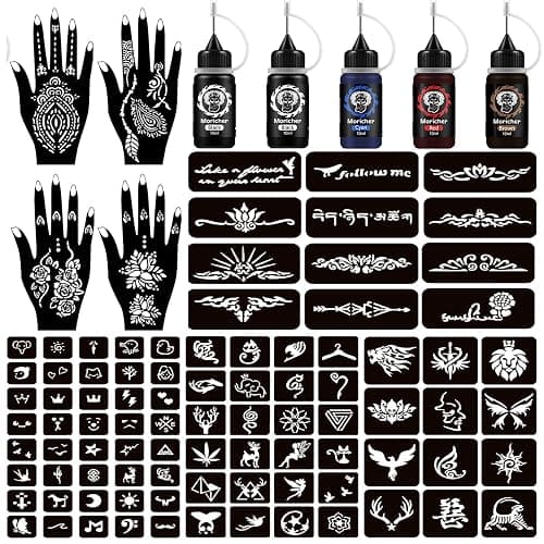 Moricher Henna tattoo kit Temporary Tattoo Kits 5 cones 96 Stencils Gifts for DIY Art Party - Image 1