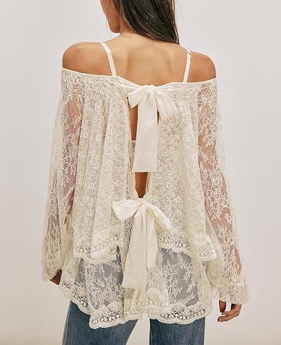 Women Sheer Lace Off The Shoulder Tops Lantern Long Sleeve Tiered Lacy Tops Loose See-Through Blouses thumbnail 4