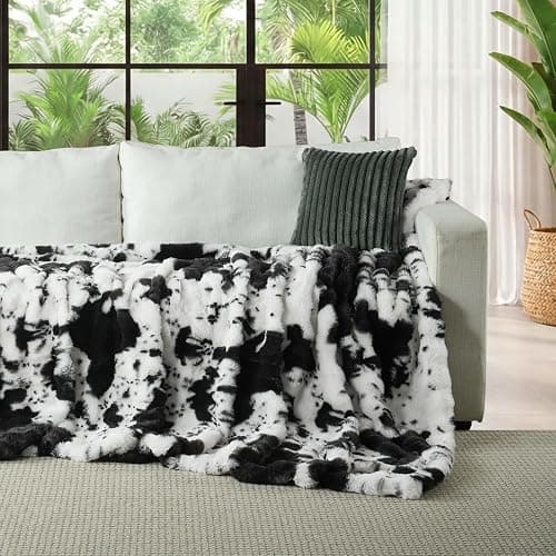 Lotus Karen Faux Fur Throw Blanket Cow Print-Black, Fluffy Fuzzy Plush Bubble Blanket for Couch, 60x50 Inches Cozy Shaggy Rabbit Blanket, Luxury Decorative Gifts for Sofa Bedroom Living Room. thumbnail 2