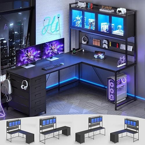 SEDETA L Shaped Gaming Desk with Drawers, L Shaped Computer Desk with Hutch and Storage Shelves, Gaming Desk with Pegboard, Led Lights, and Power Outlet, Home Office Desk, Corner Desk, Black - Image 1
