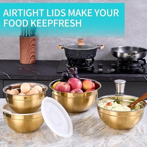 DINYWOW 4 Piece Gold Mixing Bowls With Lids for Kitchen, Stainless Steel Set Ideal for Baking, Prepping, Cooking and Serving Food, Nesting Metal Bowls for Space Saving Storage thumbnail 6