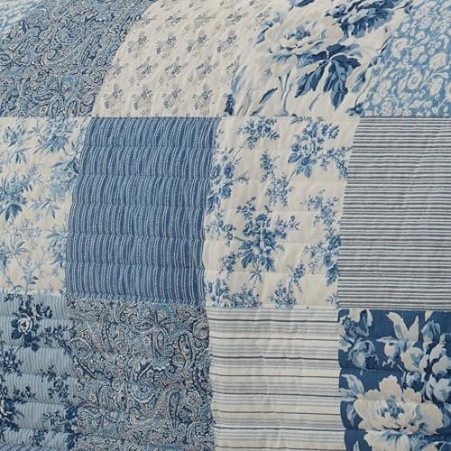 Laura Ashley - Queen Quilt Set, Soft & Reversible Cotton Floral Bedding with a Medium Weight Feel, 3 Piece Bed Set with Matching Pillowcases (Paisley Printed Patchwork Blue) thumbnail 7
