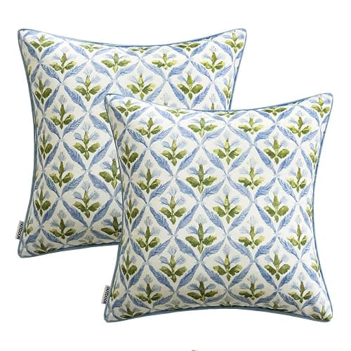 MIULEE Floral Decorative Pillow Covers Set of 2,Block Print Throw Pillow Covers Outdoor Boho Farmhouse Vintage Coastal Summer Accent Cushion Covers for Couch paito Garden Sofa 18x18 Inch, Blue-Green thumbnail 8