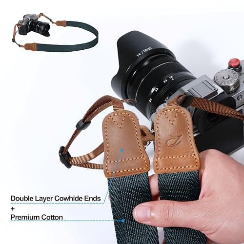 Padwa Lifestyle Dark Blue Green Camera Strap -Double Layer Crazy Horse Cowhide End,1.5" Wide Pure Cotton Woven Camera Straps,Adjustable Neck Shoulder Strap for All DSLR Cameras,Gift for Photographers thumbnail 4