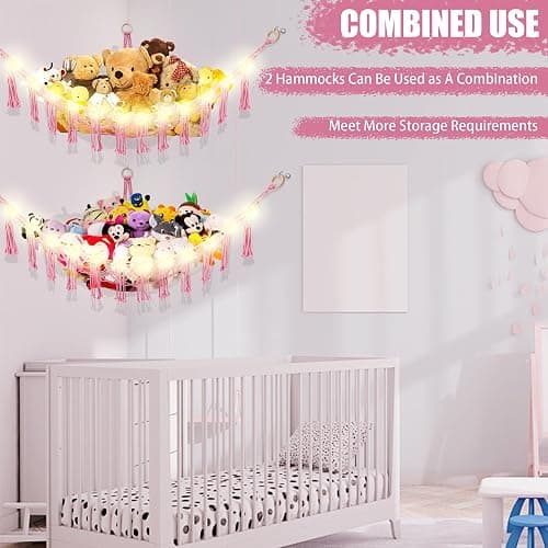 CERETIA Hammock for Stuffed Animals with LED Light, Kids Room Decor Corner, Pink thumbnail 8