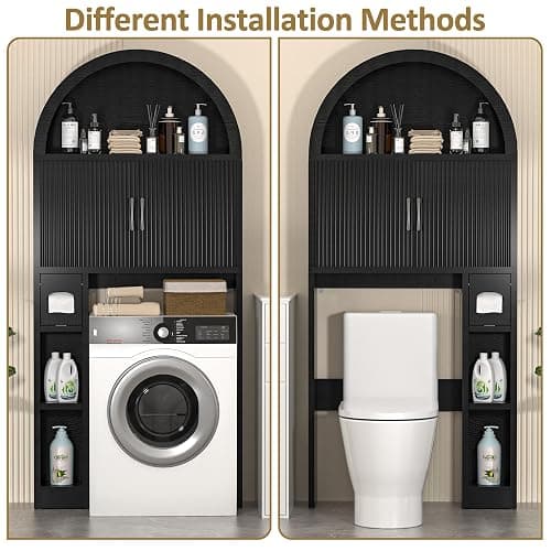 OUTGUAVA Over The Toilet Storage Cabinet, Bathroom Organizer Over Toilet, Arched Storage Organizer Cabinet with Anti-Tip Device and Adjustable Shelf for Washroom Laundry and Restroom, Black thumbnail 6
