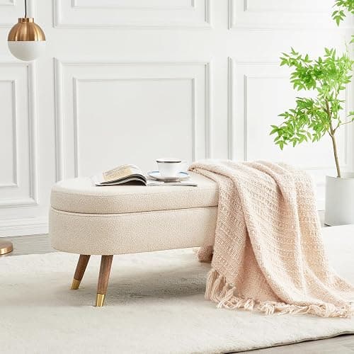 IAFIKE Oval Storage Bench 43.5" Ottoman Bench Upholstered Boucle Fabric Footrest Bench with Golden Metal Legs End of Bed for Bedroom, Living Room, Entryway,Bed Side (Beige) - Image 1