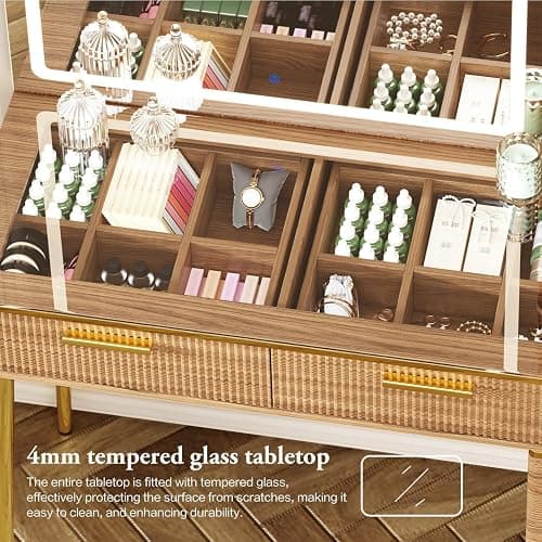 Chrangmay 47.24" Big Modern Vanity Desk with Mirror and Lights,Makeup Vanity Desk with 5 Drawers and Storage Shelves & Power Outlet,Dressing Table with Glass Top, Oak thumbnail 4