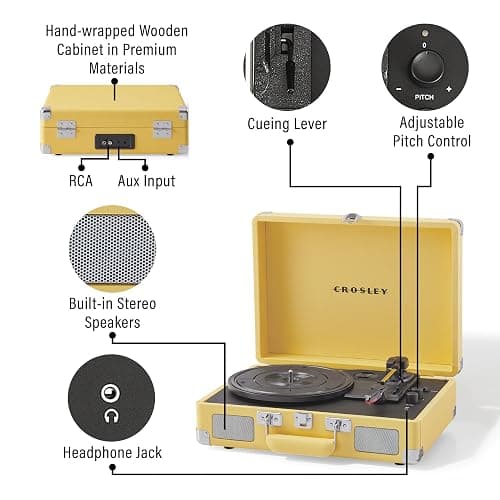 Crosley CR8005F-LY Cruiser Plus Vintage 3-Speed Bluetooth in/Out Suitcase Vinyl Record Player Turntable with Built-in Speakers, Lemon Yellow thumbnail 6
