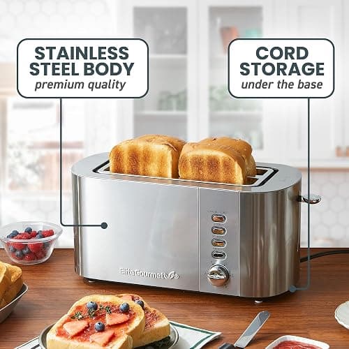 Elite Gourmet ECT4123X Long Slot 4 Slice Toaster, Extra Wide 1.5" and 5.1" Deep Slots, Bagel, Defrost & Cancel Functions, 6 Toast Shade Settings, Fits Bagels, Waffles, Artisan Breads, Stainless Steel thumbnail 3