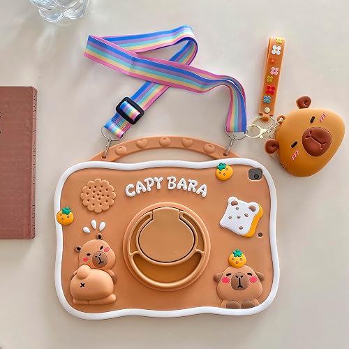 YOUSIDUN Capybara Kids Case for iPad 9th Gen(2021) / 8th Gen(2020) / 7th Gen(2019) 10.2 Inch,3D Cute Silicone Cartoon Cover for Boys with Rotating Stand, Adjustable Strap, Capybara Zipper Pouch- Beige thumbnail 3