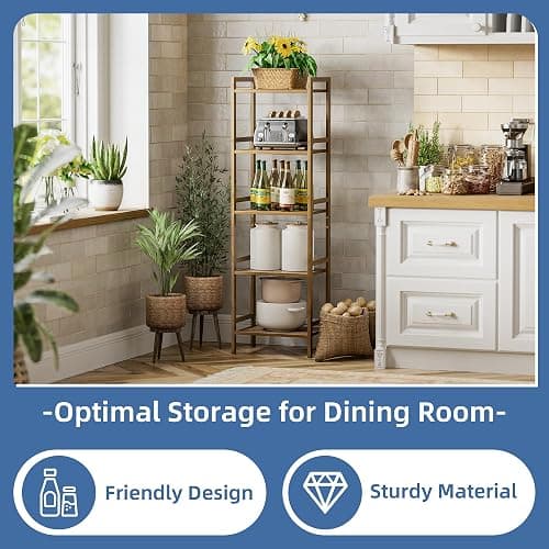 HITNET Bamboo Book Shelf, Tall Narrow Bookcase, Bathroom Shelving Unit 5 Tier Floor Standing Adjustable Bookshelf for Small Spaces, Walnut thumbnail 4