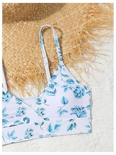 COZYEASE Girls' 3 Piece Set Floral Print Bikini Swimsuit with Drawstring Beach Skirt Cute Ruched Bathing Suit thumbnail 4